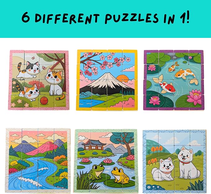 6-Sided Wooden Block Puzzle for Toddlers & Kids — 6 Puzzles in 1, Dogs, Cats, Frogs, Fish, Nature & Mountain Scenes, 16 Solid Birchwood Pieces with Wooden Storage Tray