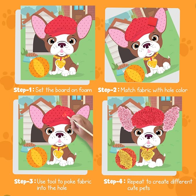 jackinthebox Poke Art Pets Crafts Kits for Children, Gifts Toys, Ages 4-8 | 1400 fabric pieces, travel arts activities & birthday gifts, mess-free toddler, age 4 5 6 7 8 9 year old, flower pressing