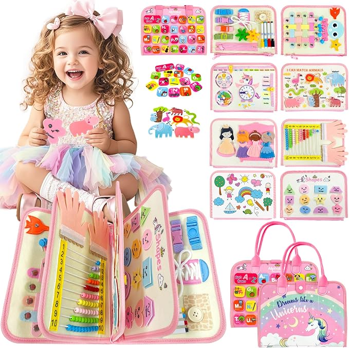 Aurasys Toddler Busy Board Montessori Travel Toy for Girls (Pink) | Educational Sensory Learning Busy Book for Airplane and Car Activities, Birthday Gift for Girls