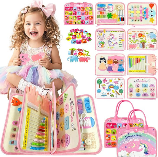Aurasys Toddler Busy Board Montessori Travel Toy for Girls (Pink) | Educational Sensory Learning Busy Book for Airplane and Car Activities, Birthday Gift for Girls