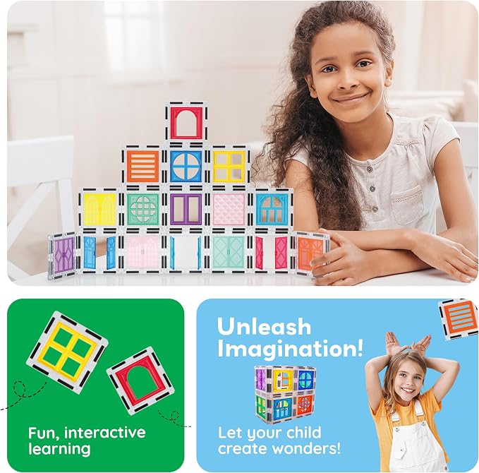 PicassoTiles 40pcs Magnetic Tiles Clip-in Window and Door Expansion Set, Magnetic Block Add-ons, Magnet Building Construction Toys, STEM Education Learning Block for Toddler Boys and Girls 3+ PTW40