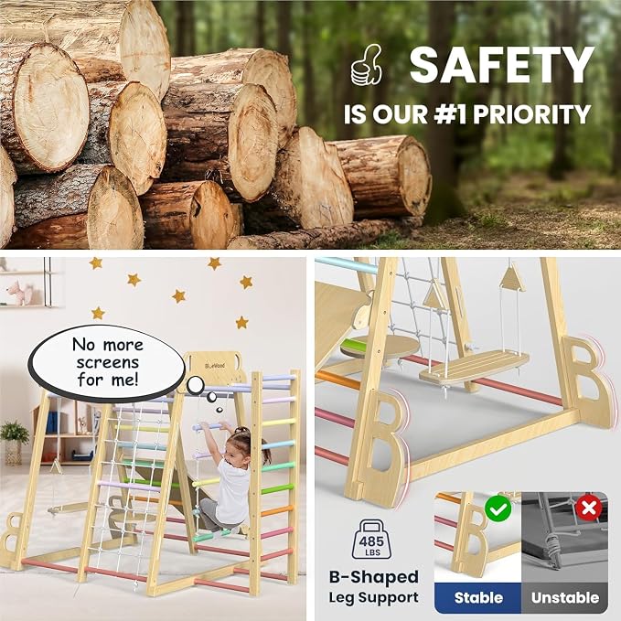 Upgraded Indoor Jungle Gym 9-in-1 Playground Kids Climbing Toys | Waldorf Style Wooden Climber Playset with Slide, Swing, Monkey Bars, Upright/Rope Ladder, Climb Net, Colorful