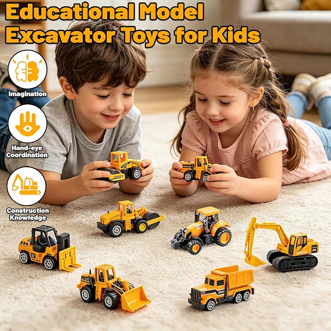 6 Pack Diecast Construction Toys, Mini Excavator Toy Alloy Construction Truck Model Set for Boys Age 3 4 5 6 7 Years Old, Kids Toddlers Birthday Gift & Party Favors