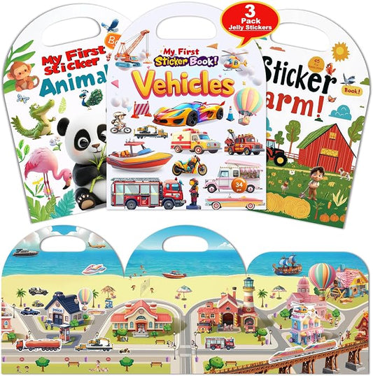 3-Pack Reusable Sticker Books for Toddlers 2-4 Years, Vehicles Truck, Animals & Farm Jelly Activity Stickers for Boys Girls Road Trip Airplane Train Travel Essentials Toy for Kids Birthday Gifts