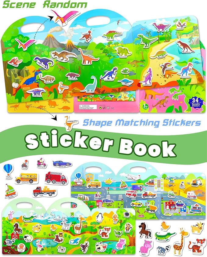 Walenced Reusable Sticker Book for Toddlers, Stickers for Kids, Toddler Toy | Toddler Craft Activities, Toddler Travel Toys, Boy Girl Birthday Gifts, Airplane Travel & Road Trip Essentials Kids