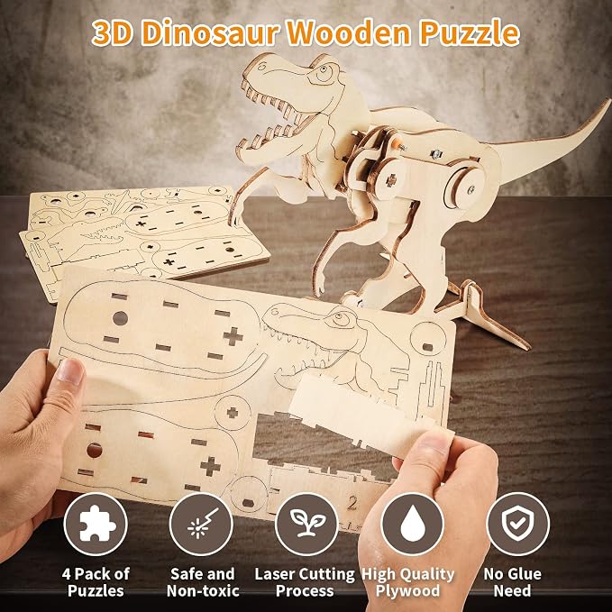 Dinosaur STEM Kits for Kids, 4 in 1 Wood Building Toys for Boys Crafts 8-12 | Build It Yourself Science Woodworking Kit, DIY 3D Wooden Puzzles Model for Kids, Birthday Gift for 8 9 10 11 12 13 Year Old