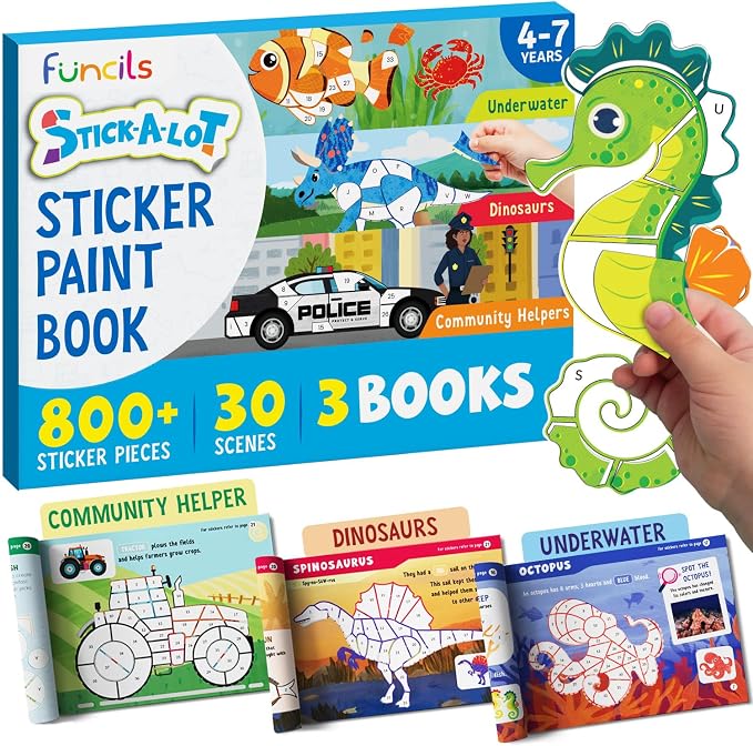 Funcils Paint by Sticker Book for Kids Ages 4-8, 30 Color Sticker by Number | Travel, Airplane, Car Activities for Kids, Girls & Boys - Art & Crafts Games, Puzzle Books, Learning Educational Kit