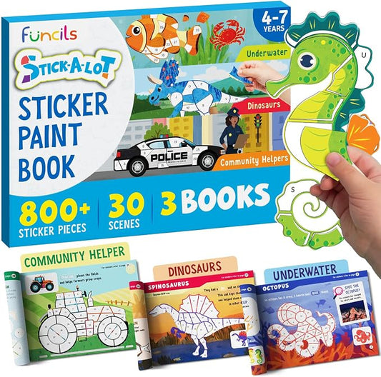 Funcils Paint by Sticker Book for Kids Ages 4-8, 30 Color Sticker by Number | Travel, Airplane, Car Activities for Kids, Girls & Boys - Art & Crafts Games, Puzzle Books, Learning Educational Kit