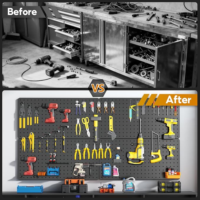 Peg Board, 84pcs Metal Pegboard Kit, Includes 4 Pack 24''X12'' Large Black Peg Board with Accessories and Hook Locks, Heavy Duty Peg Boards for Walls Home, Garage Tool Storage, Workbench