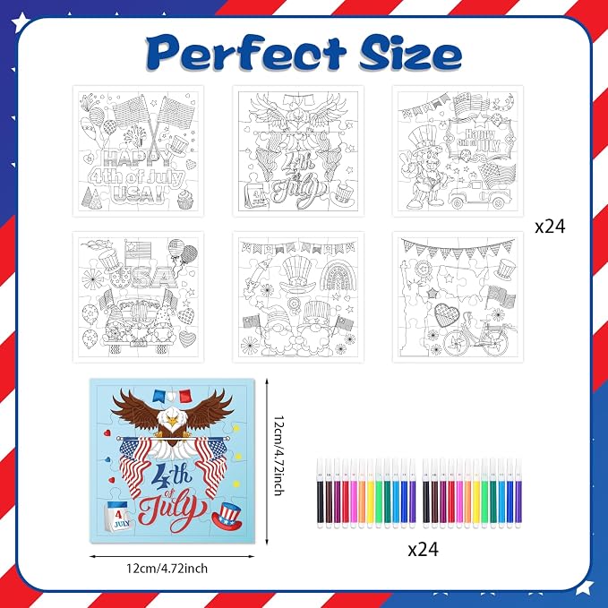 Fennoral 24 Pack 4th of July Patriotic Puzzle Craft Kit for Kids | Color Your Own jigsaw puzzle with base, 4.7‑inch, DIY Independence Day art, classroom activity, party favor supplies