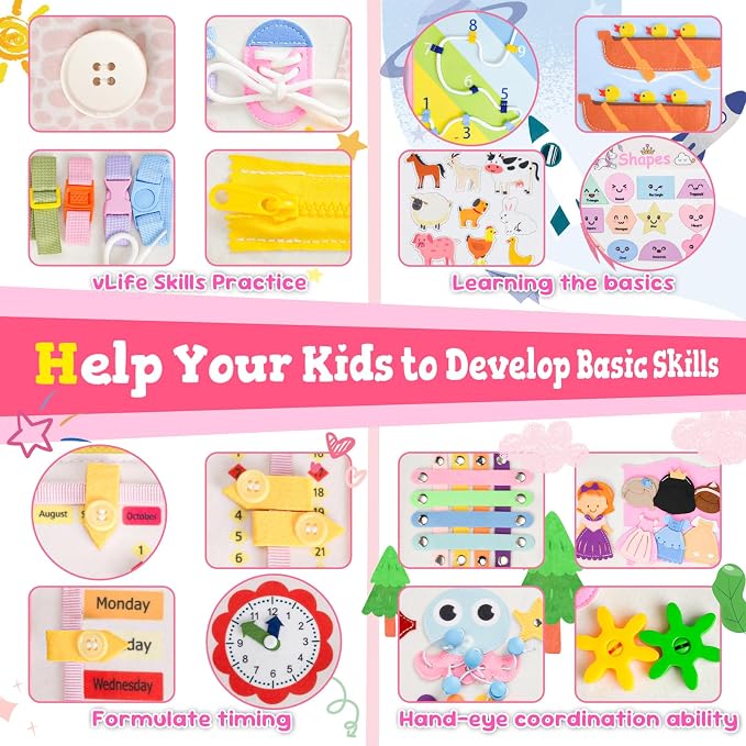 Montessori Busy Board & Busy Book with 20+ Learning Activities, Sensory Activity Toy for Fine Motor Skills, Educational Learning Toy for Airplane & Car Travel, Birthday Gift for Toddler Girls