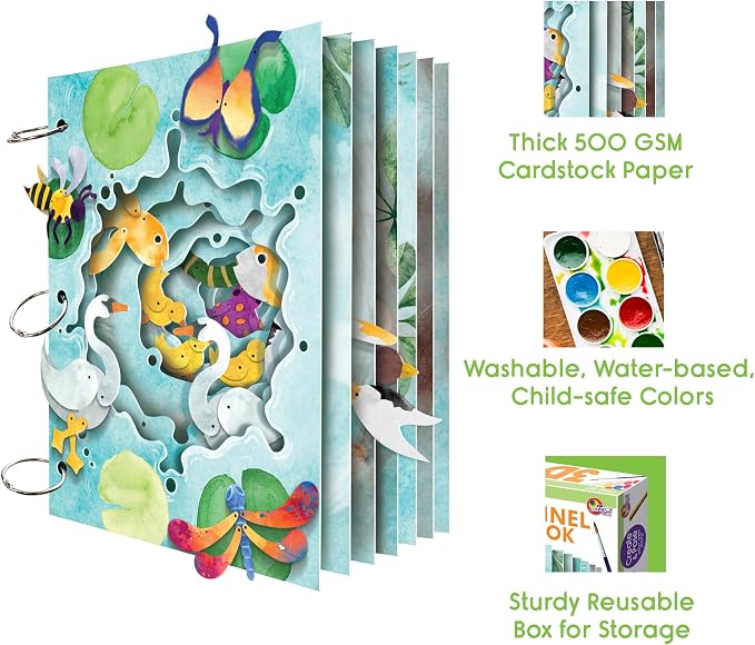 EyeConnect Crafts Pond 3D Tunnel Book – Hands-on Stationery Craft Kit | Build, paint, create a unique pop-in book with 12 posable animals! Screen-free STEAM activity, gift. No tools/glue needed, 8+