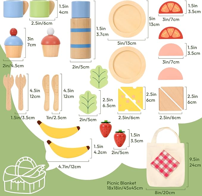 Pillowhale Wooden Play Food Set for Kids, 32-Piece Pretend Picnic Toy with Sandwiches, Fruits, Cups & Plates, Canvas Bag & Mat, Toddler Role Play Toys Ages 3+