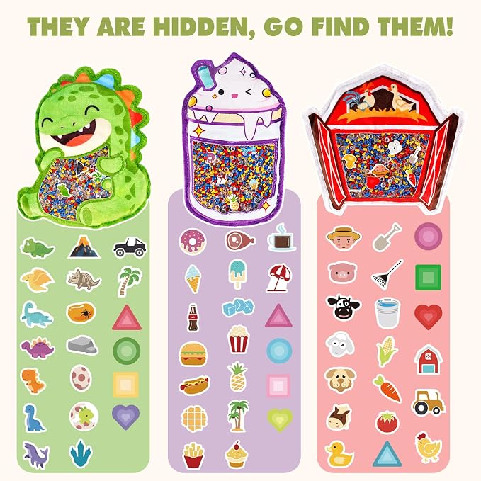 Joyreal Hide and Seek Busy Bag- 3 Pack Seek and Find Hidden Object Game, Sensory Hidden Object Search Problem Solving Travel Game for Kids 3+, Including Alphabet, Food, Fish, Animal
