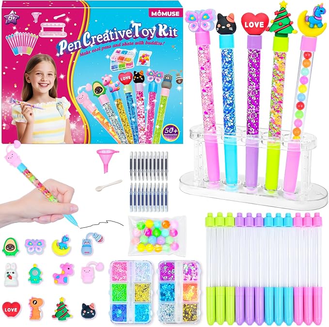 MOMUSE DIY Pen Making Kit for Kids Girls 6-12, Pen Creator Studio Craft Kit | 50 Accessories, Makes 12 Sparkly Pens with Sequins Beads, Mess-Free, Tween Girls Birthday Presents Gift
