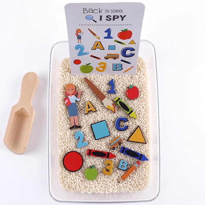 Beeveer 22 Pcs Sensory Bin Fillers for Kids Back to School Sensory Toy Kit Counting Sorting Fine Motor Toys with Simulated Sugar, Bin, Wood Chip and Spoon for Girl Boy Preschool Education Activities