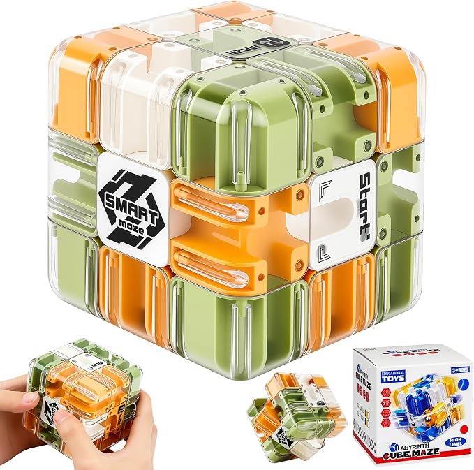 3D Maze Cube Ball Puzzle Brain Teaser for Adults & Kids, Educational Learning Toys Logical Thinking, Family Board Games Tabletop, Durable Puzzle Cube (Green&Brown&White-B, 3.3x3.3x3.3)