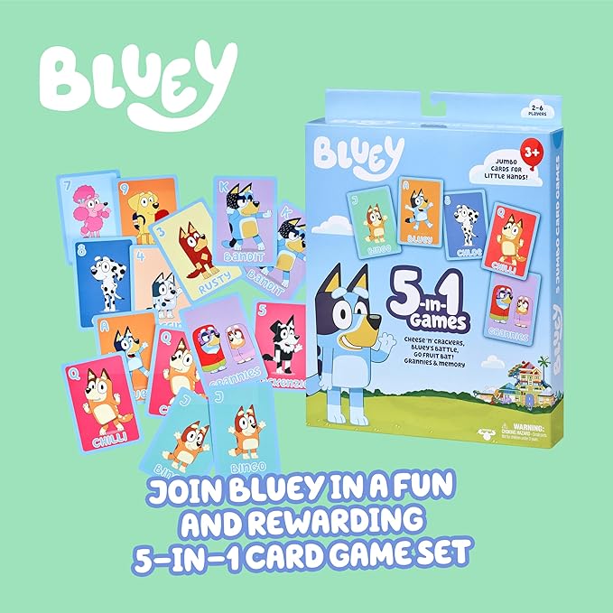 Bluey 5-in-1 Card Game Set, Jumbo-Sized 53-Deck Toddler Game, Multi-Color Interactive Play Card Games for Kids of Ages 3+ | Play Snap, Battle, Go Fish, Old Maid & Memory; jumbo-sized family card game for kids ages 3+