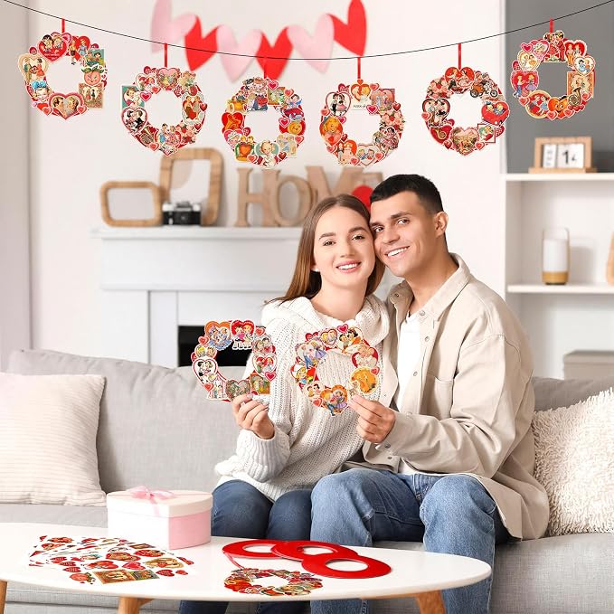 Hollowfly 48 Sets Vintage Valentine DIY Wreath Craft Kit for Kids Classroom