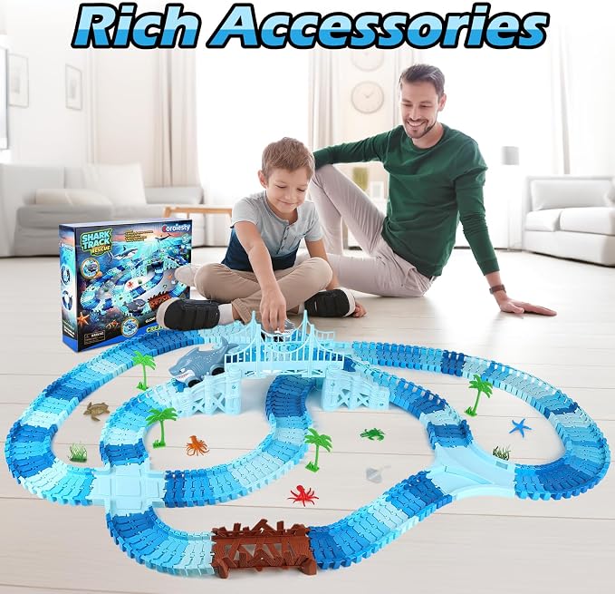 Coroiesty 264 PCS Shark Race Tracks for Kids Toys, Flexible DIY Track Set | Glow in The Dark Magic Toy Set, 2 Shark Cars Track, Birthday Gift for Age 3-9 Boys Toddler Girls