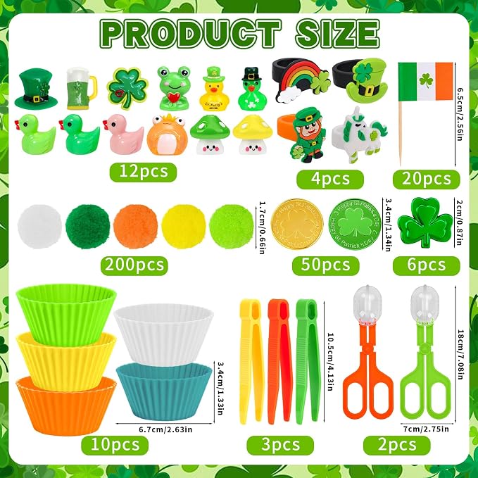 307 Pcs St. Patrick's Day Sensory Bin Filler Shamrock Fine Motor Sensory Bin Items Includes Pom Poms Irish Shamrock St. Patrick's Hat Resin Animals for Counting Sorting Training