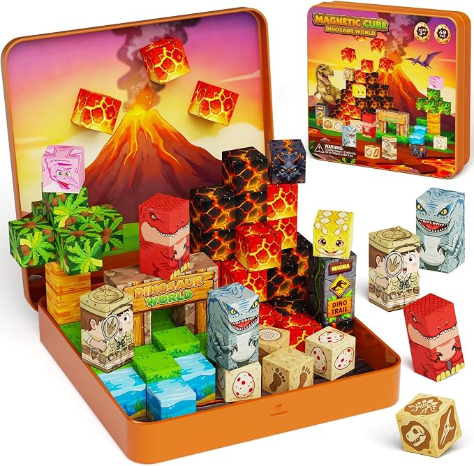 burgkidz Dinosaur Volcano Magnetic Blocks: 360g Portable Tin Case, N32 Strong Magnets, 4-Scene Storybook – Quiet STEM Travel Toy for Road Trip & Airplane, 49 PCS Building Set, Gift for Kids Ages 3-8