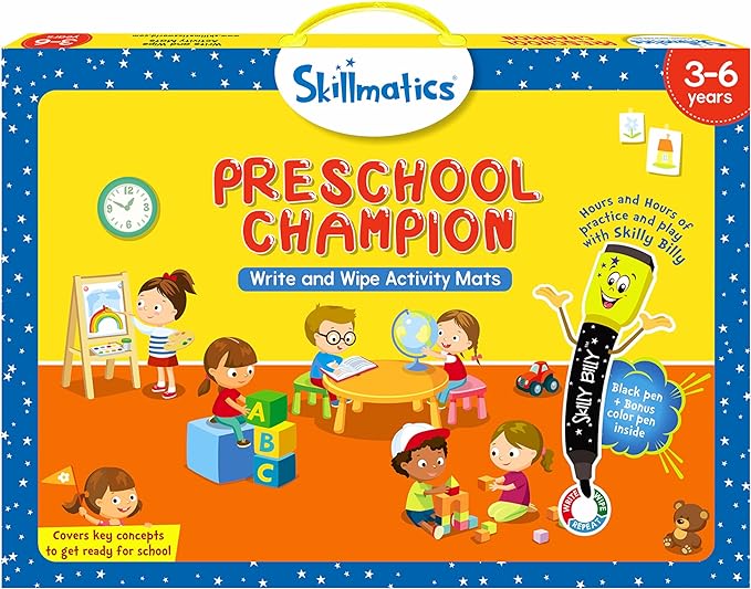 Skillmatics Educational Game – Preschool Champion, Reusable Activity Mats | Write and Wipe Boards with 2 Dry Erase Markers, Learning & Travel Toy, Screen-Free, Gift for Kids Ages 3, 4, 5, 6