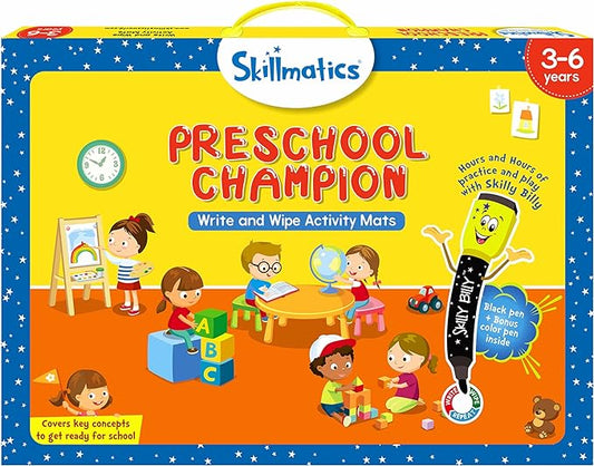 Skillmatics Educational Game – Preschool Champion, Reusable Activity Mats | Write and Wipe Boards with 2 Dry Erase Markers, Learning & Travel Toy, Screen-Free, Gift for Kids Ages 3, 4, 5, 6