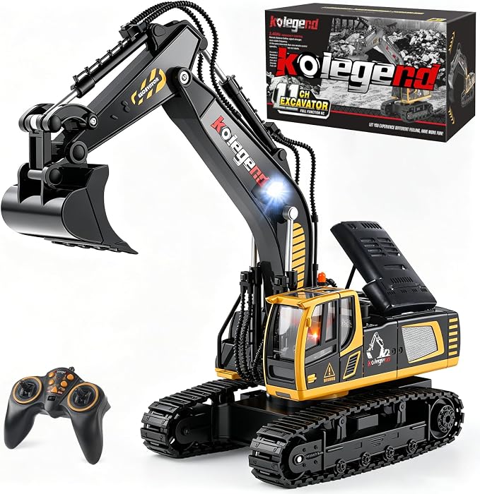 1:18 Scale RC Excavator Toy with Metal Shovel, 11 Channels Remote Control Construction Truck, Real Digging on Dirt & Sand 2 Rechargeable Batteries Gift for Boys Girls Kids 6-12 Years Old