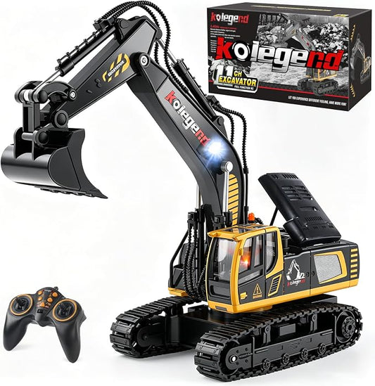 1:18 Scale RC Excavator Toy with Metal Shovel, 11 Channels Remote Control Construction Truck, Real Digging on Dirt & Sand 2 Rechargeable Batteries Gift for Boys Girls Kids 6-12 Years Old