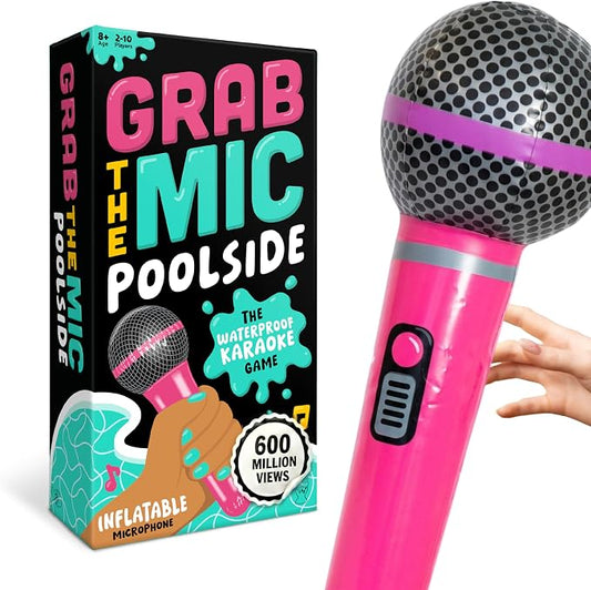 Grab The Mic: Poolside, Waterproof Karaoke Game for Family Pool Days | 100 Waterproof Cards, Inflatable Microphone. Perfect For Pool Parties, Beach Trips And Vacations.