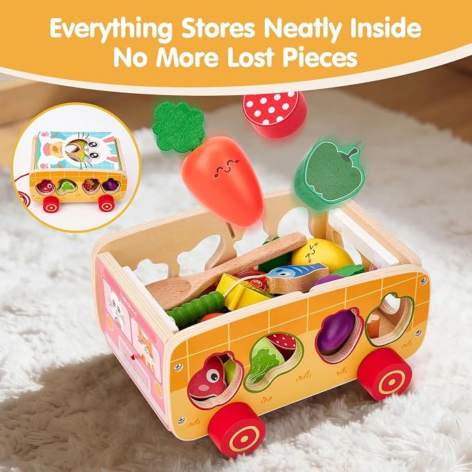 hahaland Montessori Toys 18 Month Old Girl Gifts, Wooden Toddler Toys 2-3 | Feeding Toy, Shape Sorter, Color Sorting, Magnetic Fishing, Pull Along, Fine Motor Skills Birthday Gifts