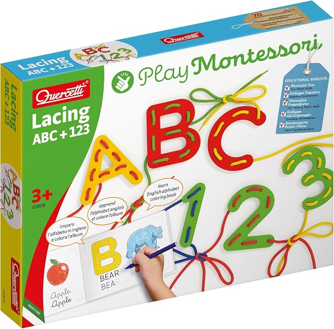 Quercetti: Play Montessori: ABC & 123 - Lacing - 53pc Craft Toy Set, Laces, Letters, Numbers, Coloring Book, Develops Fine Motor Skills, Kids Ages 3+