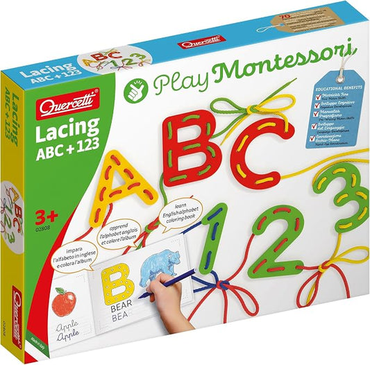 Quercetti: Play Montessori: ABC & 123 - Lacing - 53pc Craft Toy Set, Laces, Letters, Numbers, Coloring Book, Develops Fine Motor Skills, Kids Ages 3+