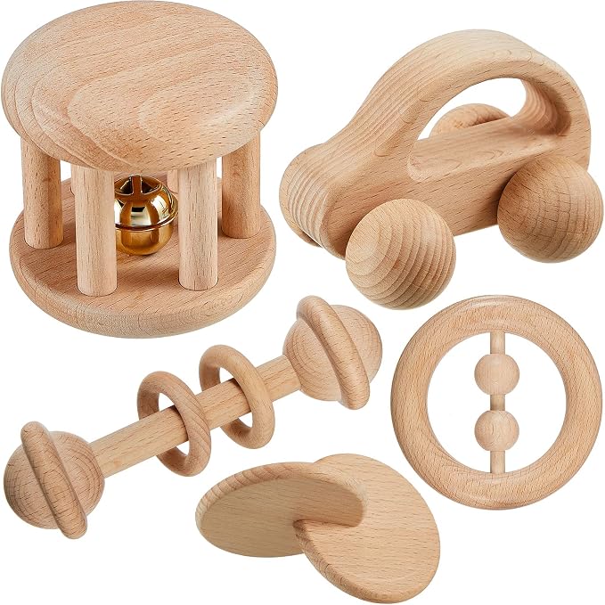 Zhanmai 5 Pcs Wooden Baby Toys Montessori Toys for 0-6-12 Months Sensory Baby Rattles with Bells Push Car Wooden Newborn Boys and Girls Gifts for Toddlers 1-3 Years Infant Grasping Sensory Development