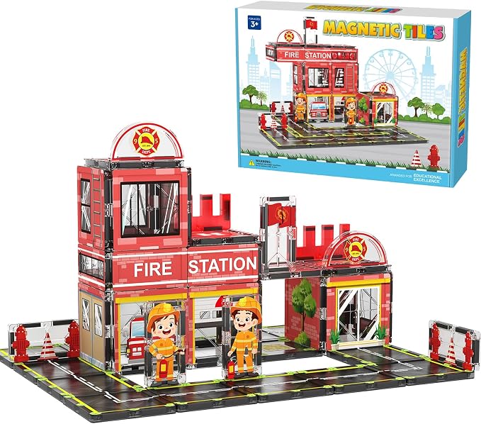 AFUNX Fire Station Magnetic Tiles Building Set for Kids Ages 3+ | Strong Magnets, Compatible with Major Magnetic Tile Brands,Rescue Pretend Play, Creative Building,Gift Ready