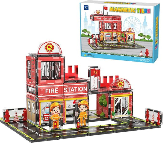 AFUNX Fire Station Magnetic Tiles Building Set for Kids Ages 3+ | Strong Magnets, Compatible with Major Magnetic Tile Brands,Rescue Pretend Play, Creative Building,Gift Ready