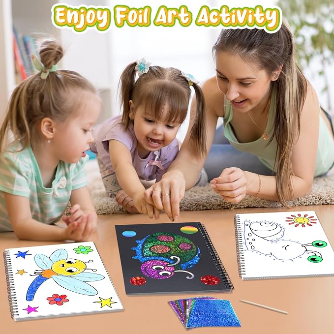 Foil Craft Bugs Butterfly DIY Art Fun Kits Set, No Mess Creative Foil Art Drawing Game for Kids, Birthday Gifts Crafts Supplies Travel Toys for Girls Boys Ages 4-9