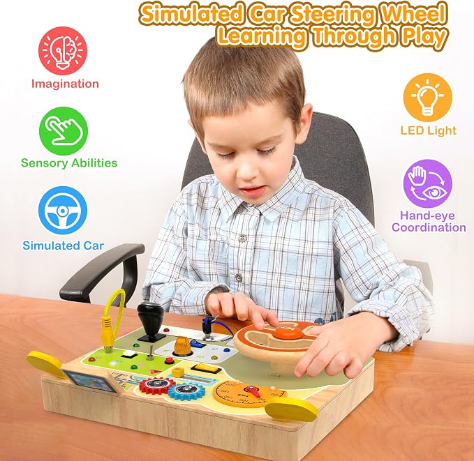 Montessori Wooden Busy Board, Toddler Sensory Travel Toy with Light Switch | Educational Learning Activity Toy, Fine Motor Skills Game for Kids, Gifts for Toddlers Age 3 4 5 6+ Years Old