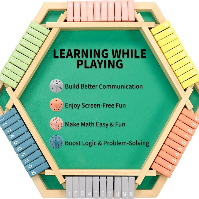 WOOD CITY Shut The Box Game Wooden for 6 Players, Close The Box Math Game for Kids Adults with 16 Dice, 6 Way Tabletop Quick Board Game for Family 3+ Years Old in Party or Pub，Morandi Color