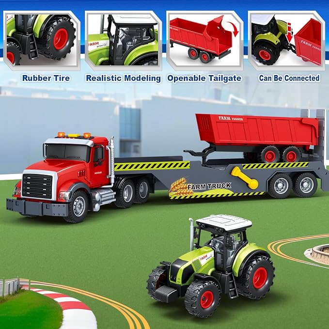 Bstoyder Toddler Boy Toys for 3 4 5 6 7 Years Kids, 21" Semi Flatbed Truck Toy with a Farm Truck, Friction Powered Vehicles Toys with Lights and Sounds, Birthday for Boy Girls