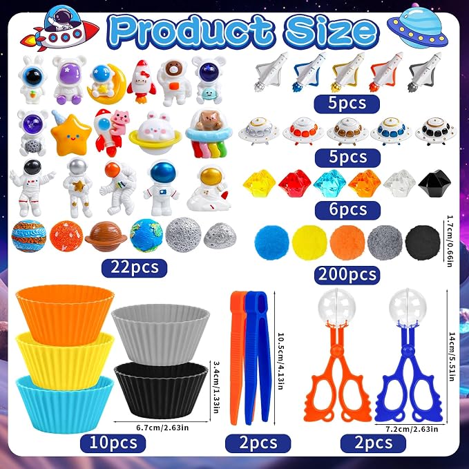 252PCS Space Sensory Bin Fillers Outer Space Fine Motor Sensory Bin Items Includes Pom Poms Tweezers Planet Astronauts Resin for Counting Sorting Training