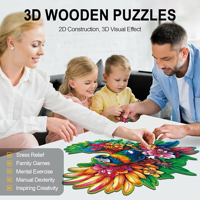 Wooden Puzzles for Adults Floral-Winged Parrot Puzzle - Laser-Cut Unique Shaped Stress Relief Jigsaw Puzzle, Wall Art Home Decor Gift for Family, Christmas Thanksgiving Gifts (14.9"×11.1" 200pcs)