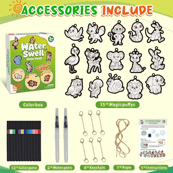 Trubic 15 Pcs 3D Art Craft Kit, Forest Animal Mess-Free Water-Activated DIY Inflate Painting Set, Color Creative Activity Toys, Screen-Free Travel Creative Gifts for Kids Boys Girls Ages 4–10