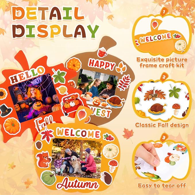 Memorywuu 72 Sets Thanksgiving DIY Crafts Kit Fall Picture Frames Autumn DIY Photo Frames Pumpkin Maple Leaf Pine Cone Photo Frame Decor for Kid Home Classroom Thanksgiving Day Kits Game Activities