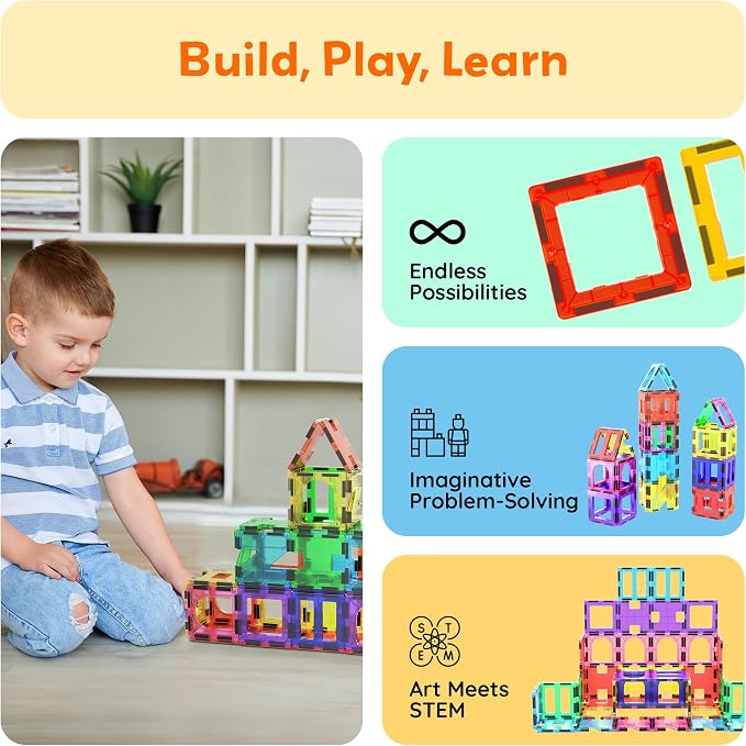 PicassoTiles Magnetic Tiles Building Blocks STEM Toy Set for Kids Ages 3+ | geometric shapes, educational preschool playset, clear window design, ideal starter pack, early brain learning, pretend play
