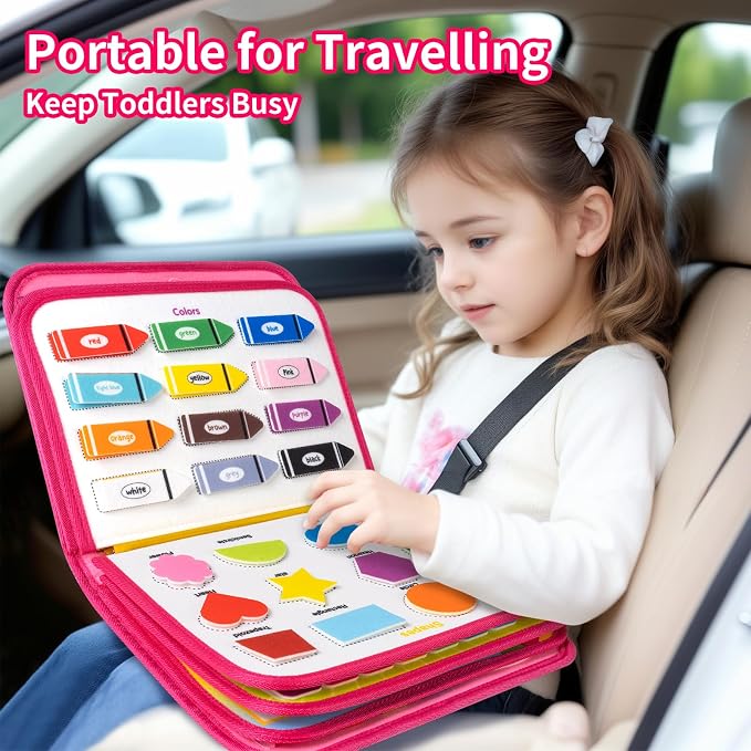 Toddler Busy Board, Montessori Busy Book, Quiet Educational Activity Book | 12-Page Learning Sensory Toys for Motor Skills, Toddlers Travel Toy for Car Airplane, Girl Kids Birthday Gifts (Pink)