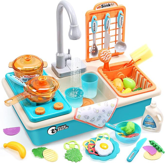 CUTE STONE Play Kitchen Sink Toys with Upgraded Real Faucet | Play Sink with Cooking Stove, Cookware Pot and Pan, Play Food, Color Changing Dishes Accessories for Boys Girls Toddlers
