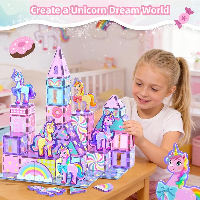 GobiDex 100PCS Unicorn Magnetic Tiles with 6 Unicorns | Princess Castle Unicorn Toys for Girls Age 4-6, STEM Magnetic Blocks Building Toys for 3 4 5 6 Year Old Girl Birthday Gifts