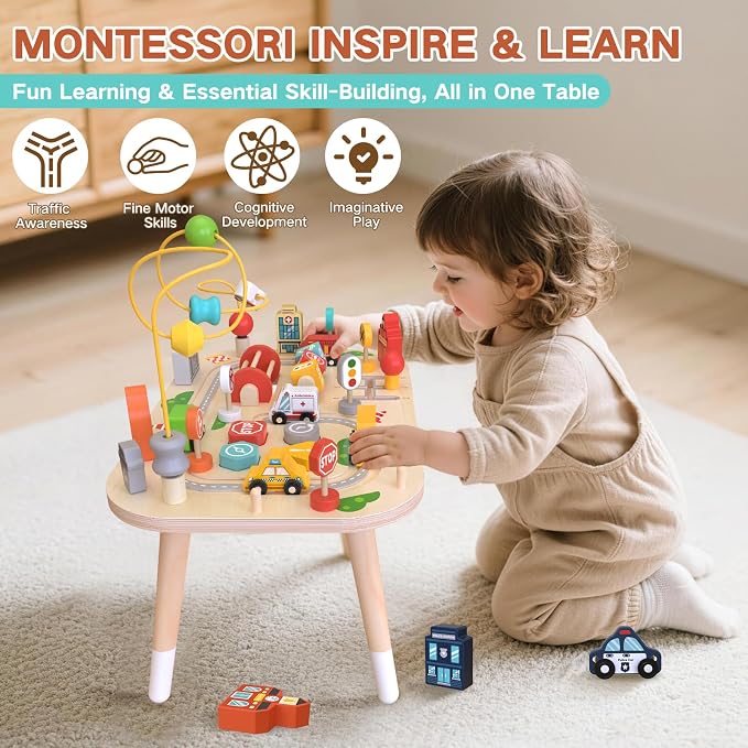 Weilim Montessori Wooden Activity Table for Toddler 1-3, Learning Toys | 9-in-1 Baby Activity Center: Bead Maze, Shape Sorter, Cars, Gears & Traffic Signs. Sensory Birthday Gift for Boys & Girls